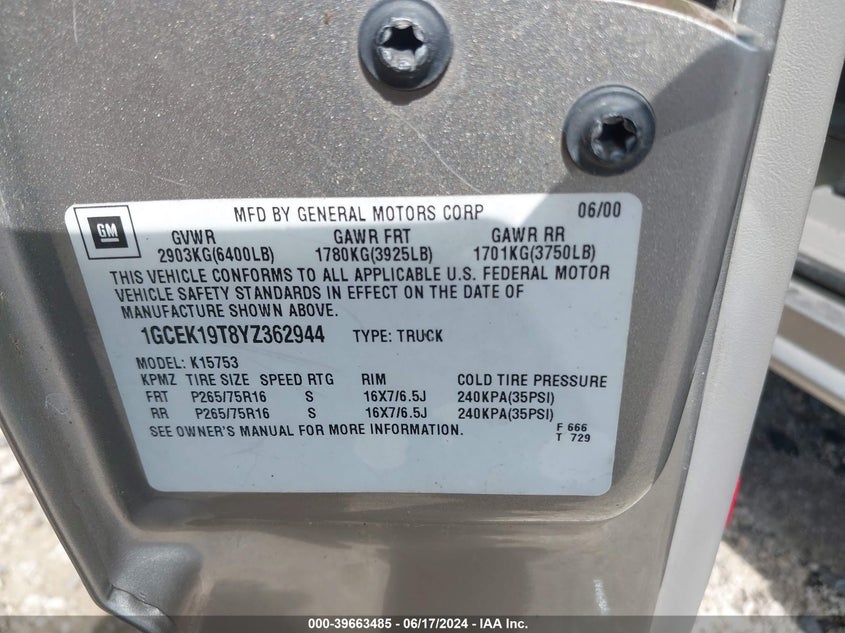 2000 Chevrolet Silverado 1500 Ls VIN: 1GCEK19T8YZ362944 Lot: 39663485