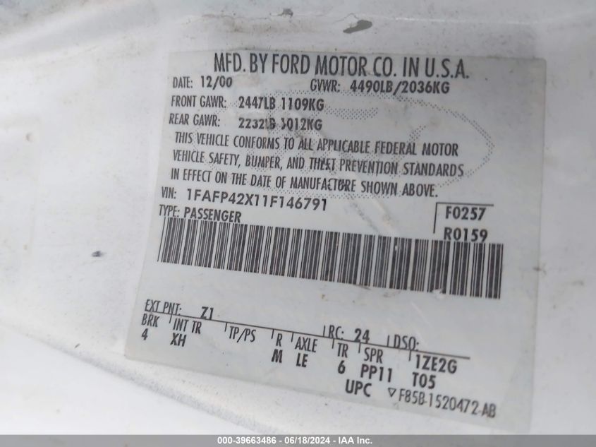 2001 Ford Mustang Gt VIN: 1FAFP42X11F146791 Lot: 39663486