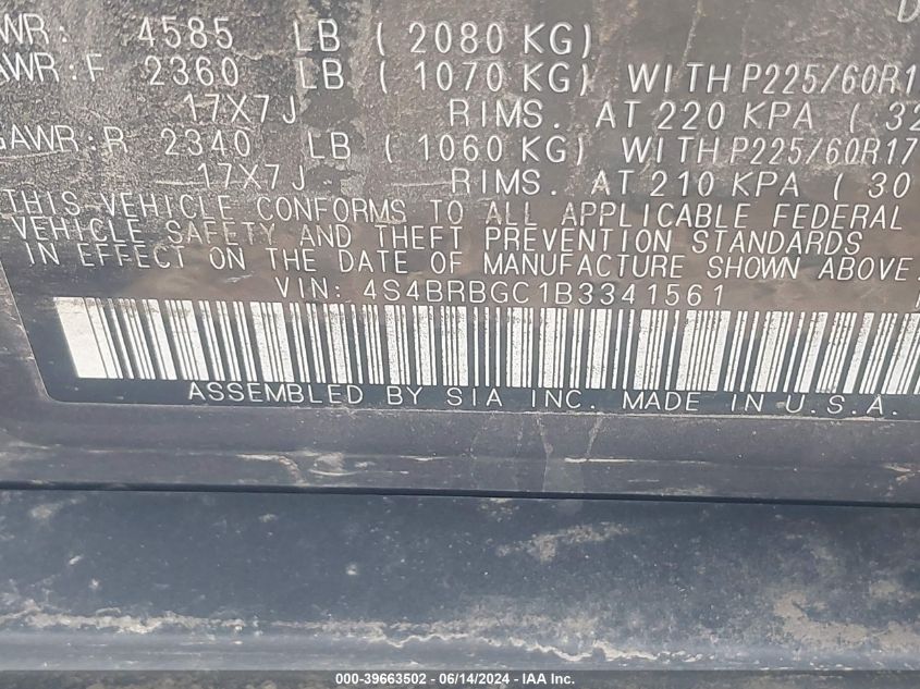 2011 Subaru Outback 2.5I Premium VIN: 4S4BRBGC1B3341561 Lot: 39663502