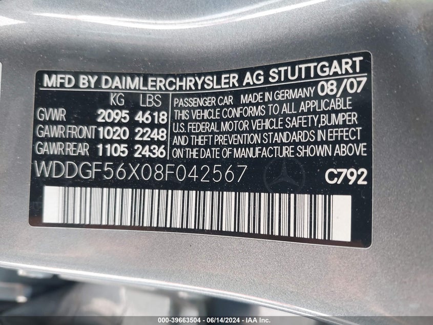 2008 Mercedes-Benz C 350 Sport VIN: WDDGF56X08F042567 Lot: 39663504