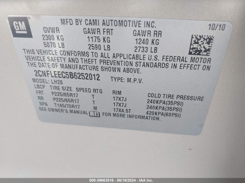 2011 Chevrolet Equinox Lt VIN: 2CNFLEEC5B6252012 Lot: 39663516