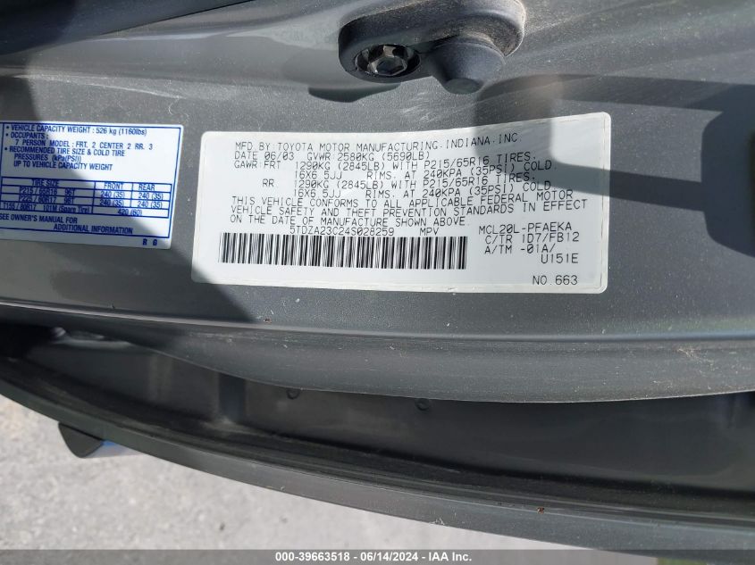 2004 Toyota Sienna Le VIN: 5TDZA23C24S028259 Lot: 39663518