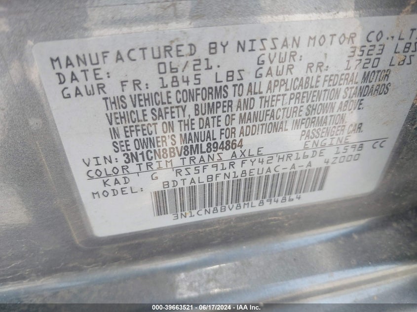 2021 Nissan Versa S 5-Speed Manual Transmission VIN: 3N1CN8BV8ML894864 Lot: 39663521
