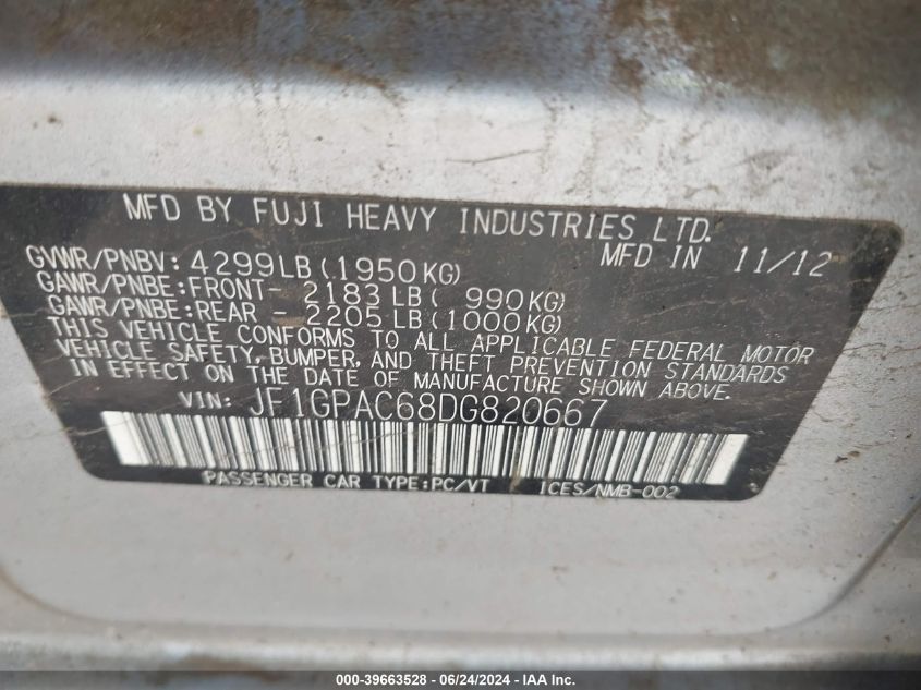 2013 Subaru Impreza 2.0I Premium VIN: JF1GPAC68DG820667 Lot: 39663528