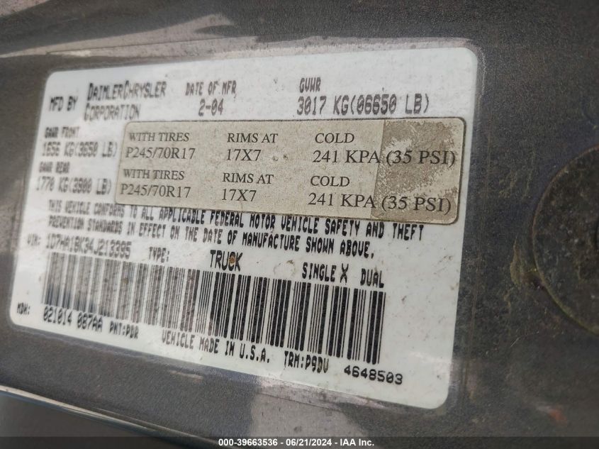 2004 Dodge Ram 1500 St VIN: 1D7HA18K34J213395 Lot: 39663536