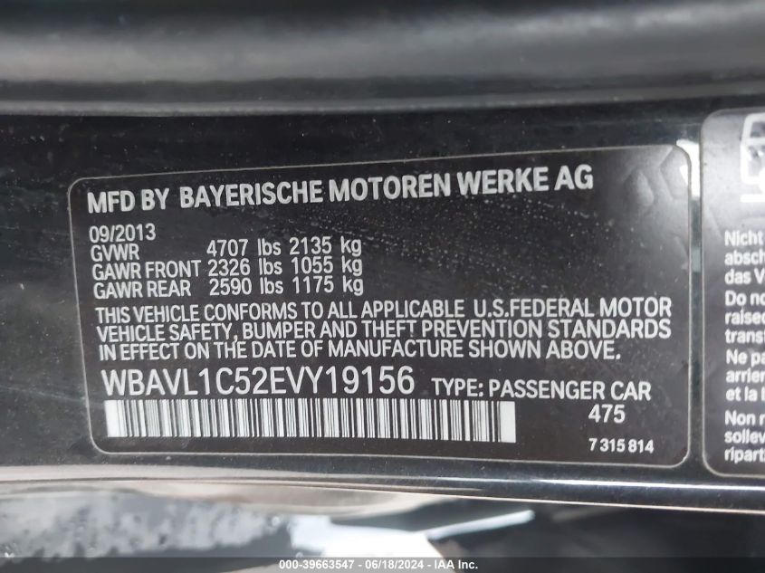 2014 BMW X1 xDrive28I VIN: WBAVL1C52EVY19156 Lot: 39663547