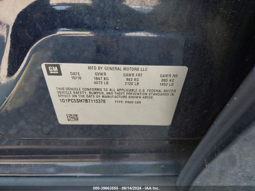 2011 Chevrolet Cruze Ls VIN: 1G1PC5SH7B7115378 Lot: 39663555