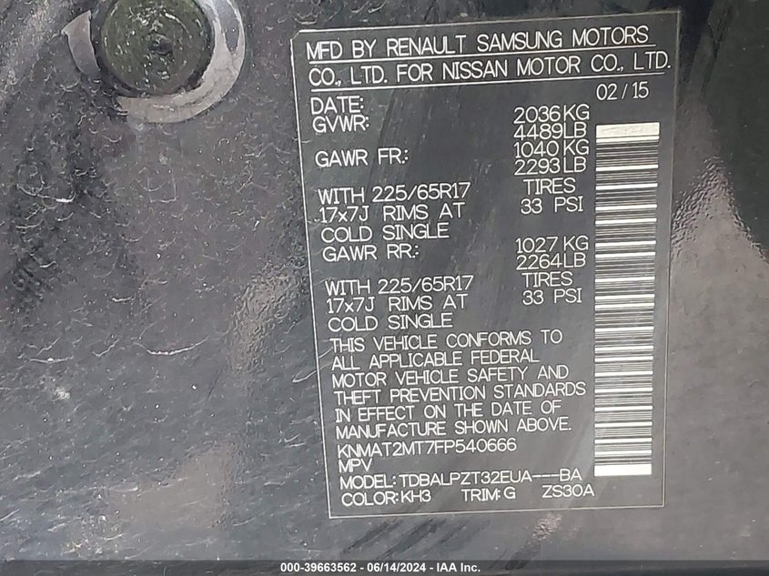 2015 Nissan Rogue S/Sl/Sv VIN: KNMAT2MT7FP540666 Lot: 39663562