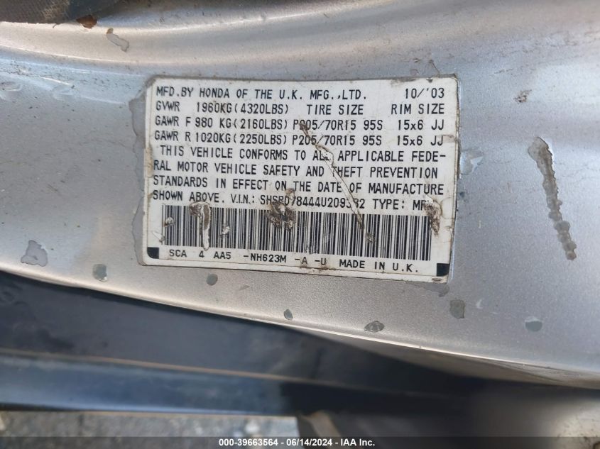 2004 Honda Cr-V Lx VIN: SHSRD78444U209382 Lot: 39663564