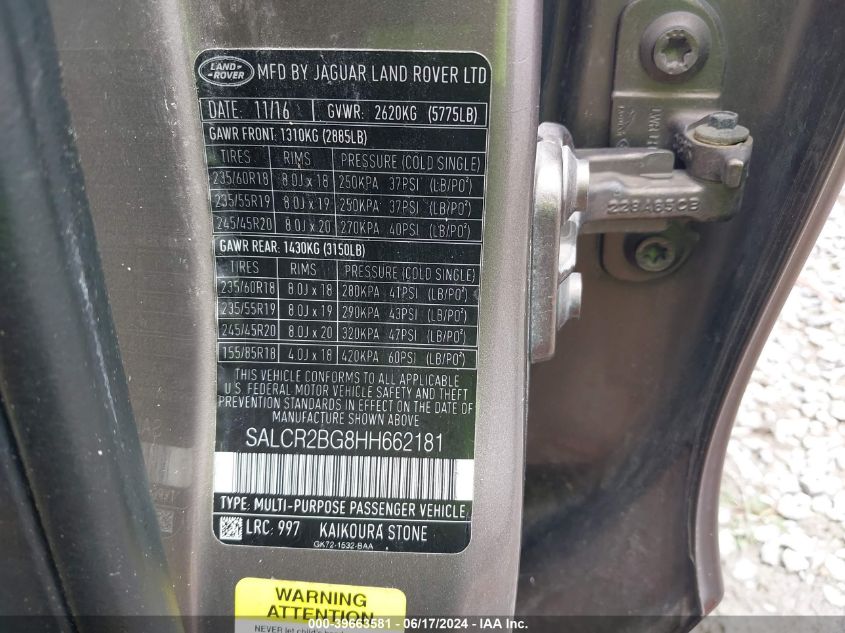 2017 Land Rover Discovery Sport Hse VIN: SALCR2BG8HH662181 Lot: 39663581