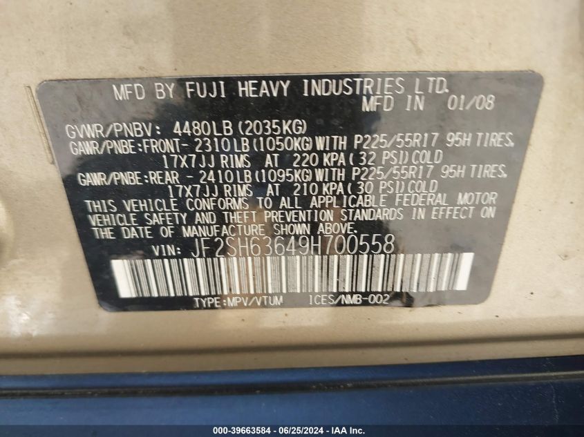 2009 Subaru Forester 2.5X VIN: JF2SH63649H700558 Lot: 39663584