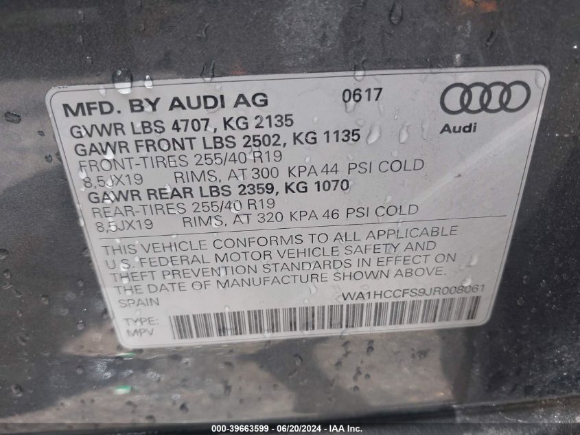 2018 AUDI Q3 2.0T PREMIUM/2.0T SPORT PREMIUM - WA1HCCFS9JR008061