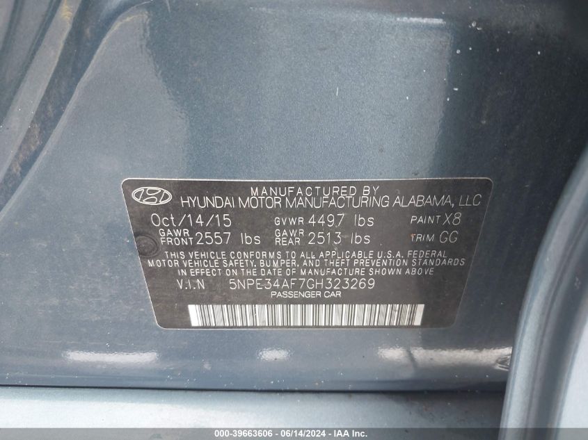 2016 Hyundai Sonata Sport VIN: 5NPE34AF7GH323269 Lot: 39663606