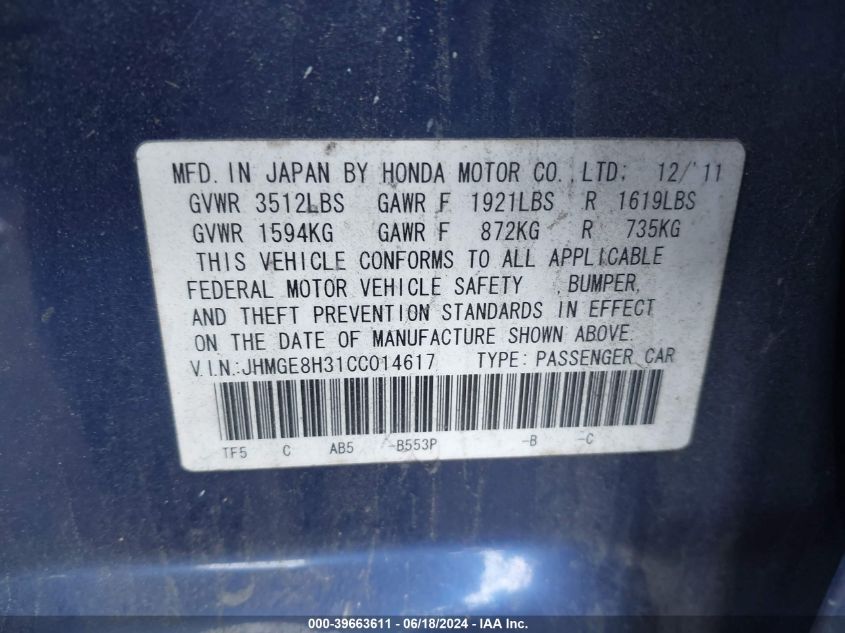 2012 Honda Fit VIN: JHMGE8H31CC014617 Lot: 39663611