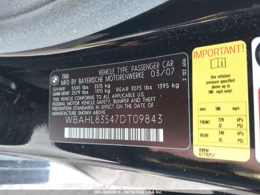2007 BMW 750I VIN: WBAHL83547DT09843 Lot: 39663613