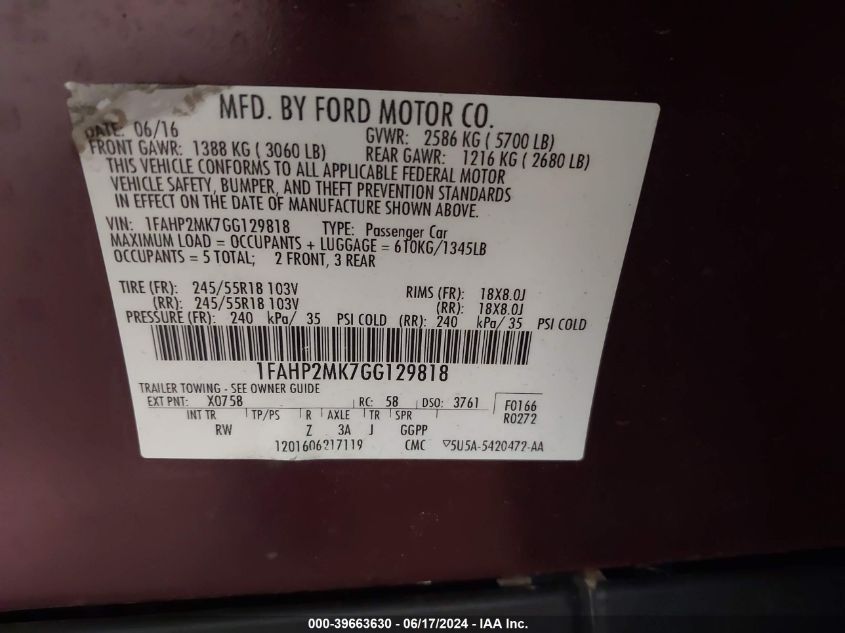 2016 Ford Police Interceptor VIN: 1FAHP2MK7GG129818 Lot: 39663630