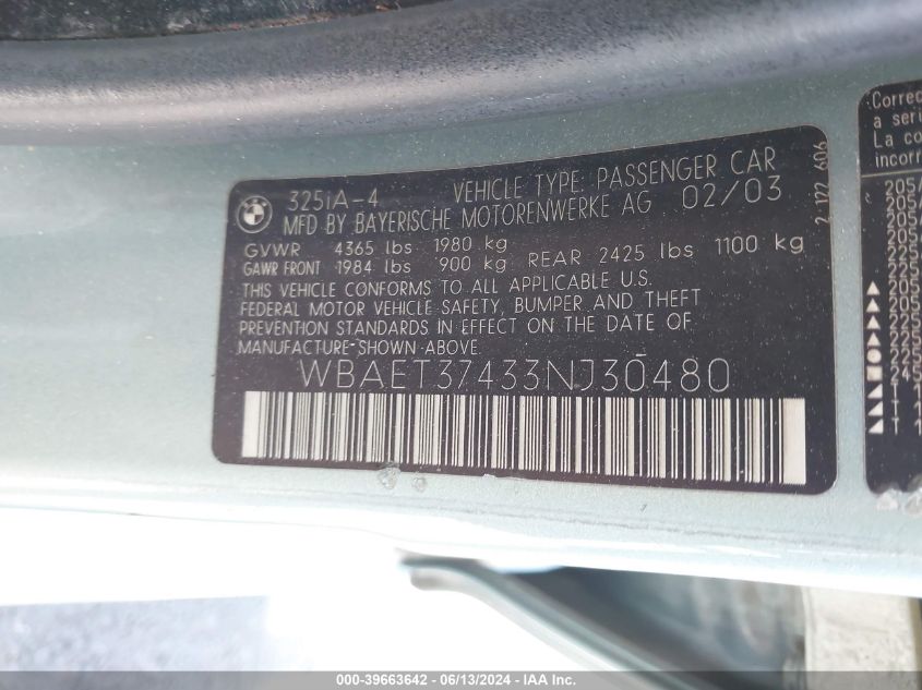 2003 BMW 325I VIN: WBAET37433NJ30480 Lot: 39663642