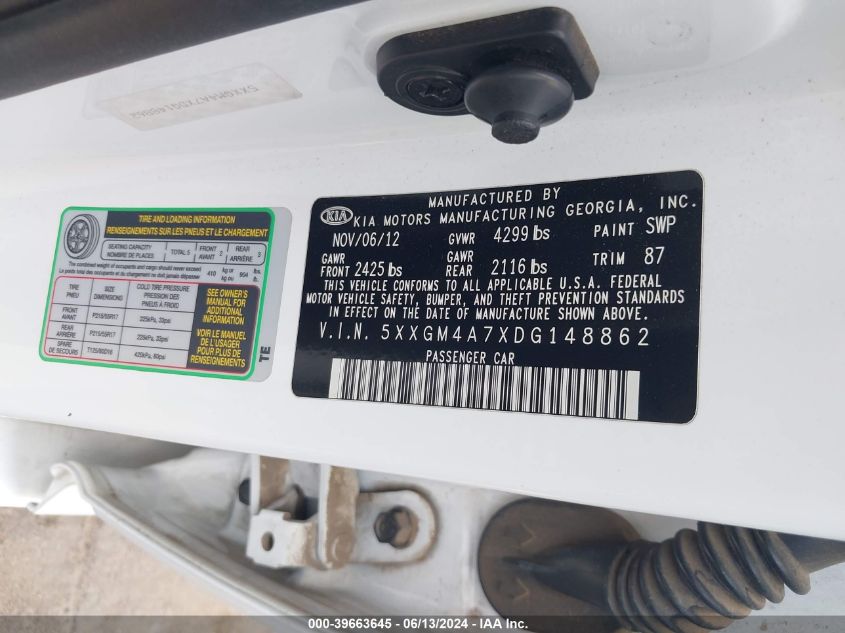 2013 Kia Optima Lx VIN: 5XXGM4A7XDG148862 Lot: 39663645