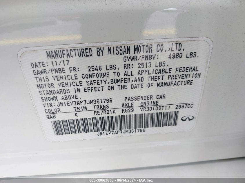 2018 Infiniti Q50 3.0T Sport VIN: JN1EV7AP7JM361766 Lot: 39663658