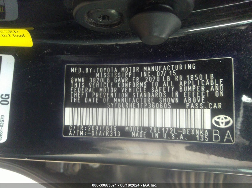 2015 Toyota Corolla Le VIN: 5YFBURHE1FP360605 Lot: 39663671