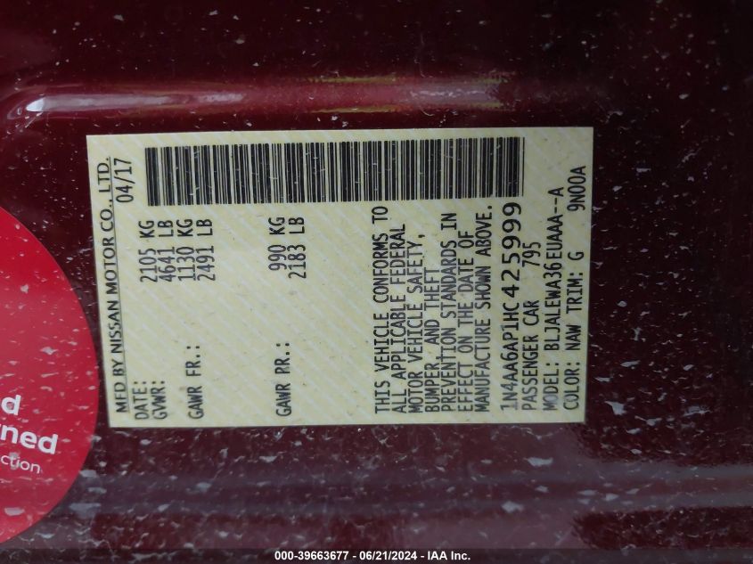 2017 Nissan Maxima 3.5S/Sv/Sl/Sr/Plat VIN: 1N4AA6AP1HC425999 Lot: 39663677