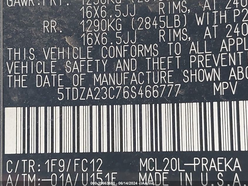 2006 Toyota Sienna Le VIN: 5TDZA23C76S466777 Lot: 39663680