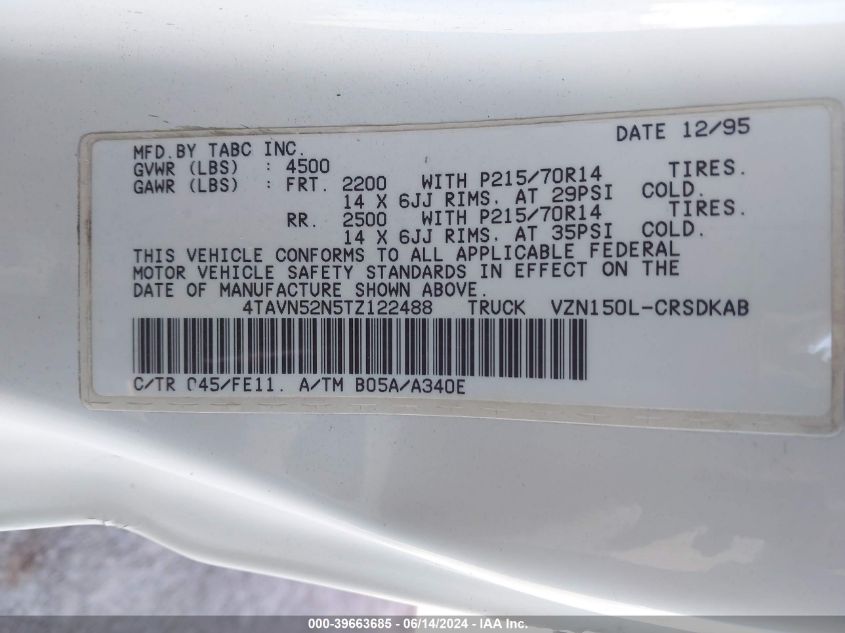 1996 Toyota Tacoma Xtracab VIN: 4TAVN52N5TZ122488 Lot: 39663685