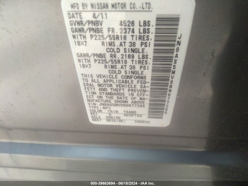 2011 Nissan Rogue Sv VIN: JN8AS5MV8BW677285 Lot: 39663694