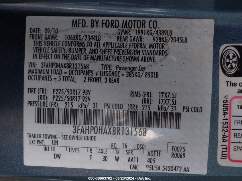 2011 Ford Fusion Se VIN: 3FAHP0HAXBR131568 Lot: 39663702