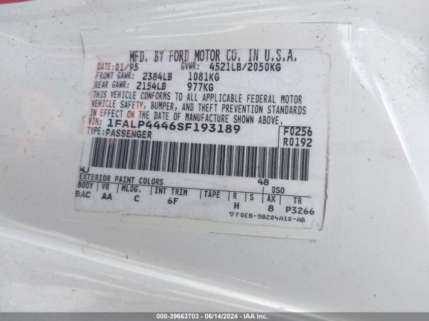 1995 Ford Mustang VIN: 1FALP4446SF193189 Lot: 39663703