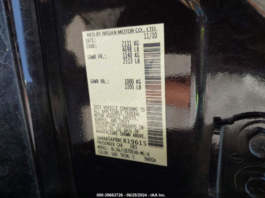 2011 Nissan Maxima 3.5 Sv VIN: 1N4AA5AP8BC819615 Lot: 39663726