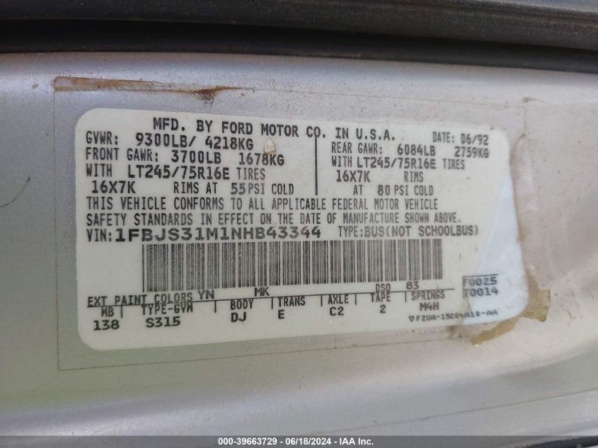 1992 Ford Econoline E350 Super Duty VIN: 1FBJS31M1NHB43344 Lot: 39663729