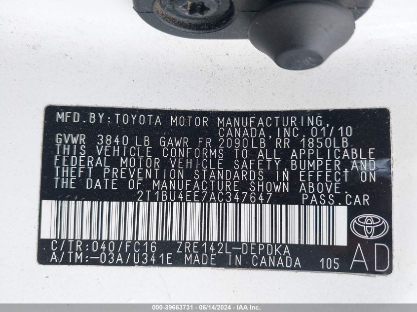 2010 Toyota Corolla Le VIN: 2T1BU4EE7AC347647 Lot: 39663731