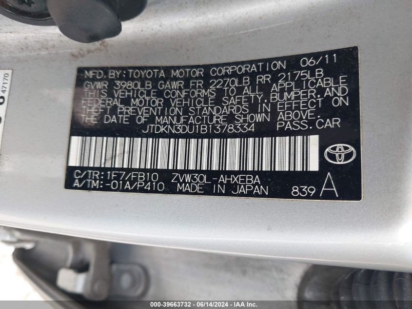 2011 Toyota Prius Three VIN: JTDKN3DU1B1378334 Lot: 39663732