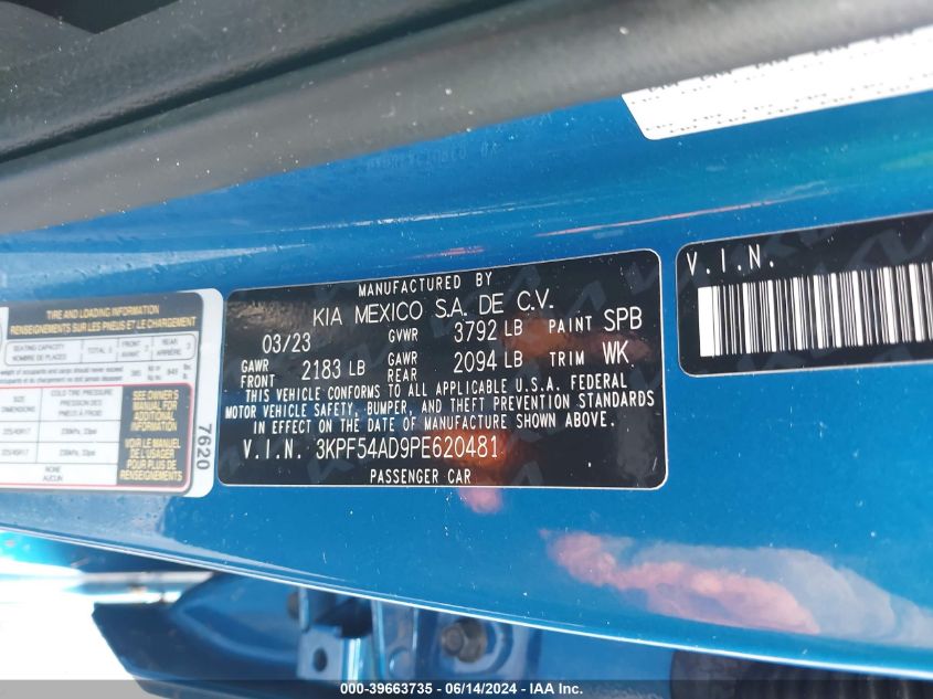 2023 Kia Forte Gt-Line VIN: 3KPF54AD9PE620481 Lot: 39663735