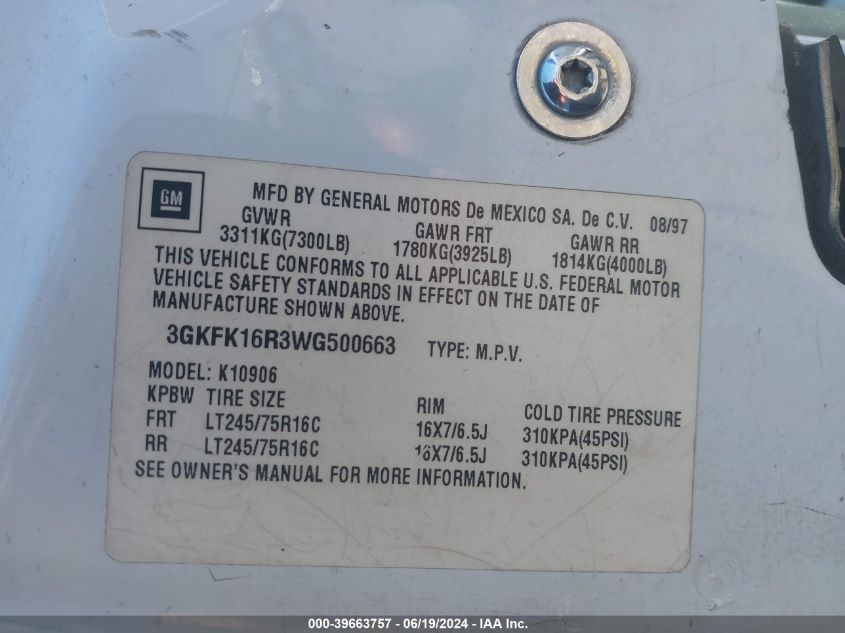 1998 GMC Suburban 1500 Sl VIN: 3GKFK16R3WG500663 Lot: 39663757