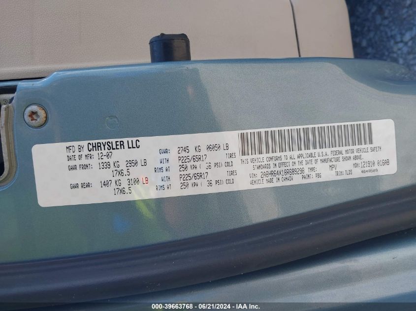 2008 Chrysler Town & Country Limited VIN: 2A8HR64X18R689298 Lot: 39663768