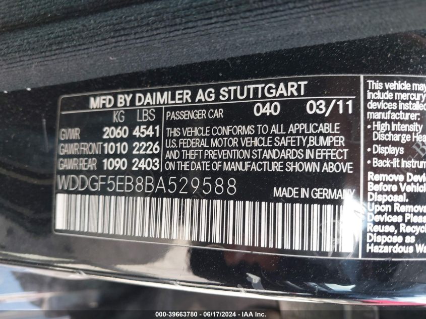 2011 Mercedes-Benz C 300 Luxury/Sport VIN: WDDGF5EB8BA529588 Lot: 39663780