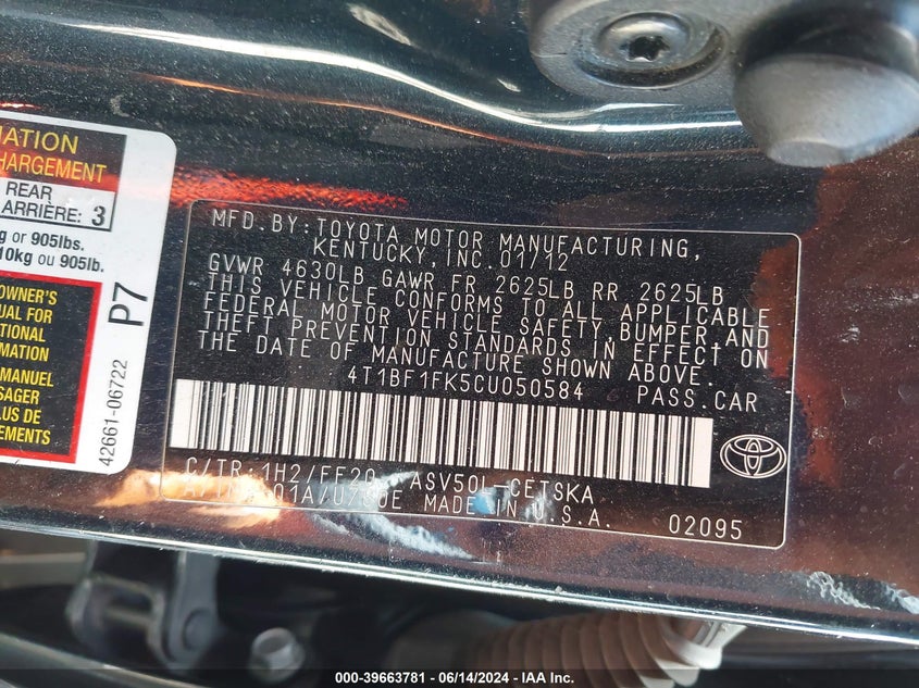 2012 Toyota Camry Se VIN: 4T1BF1FK5CU050584 Lot: 39663781