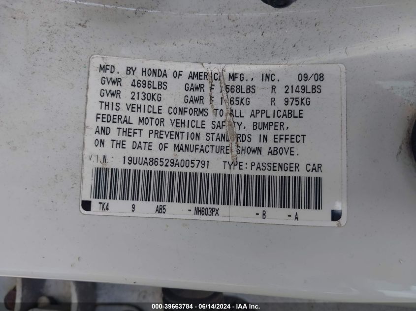 2009 Acura Tl 3.5 VIN: 19UUA86529A005791 Lot: 39663784