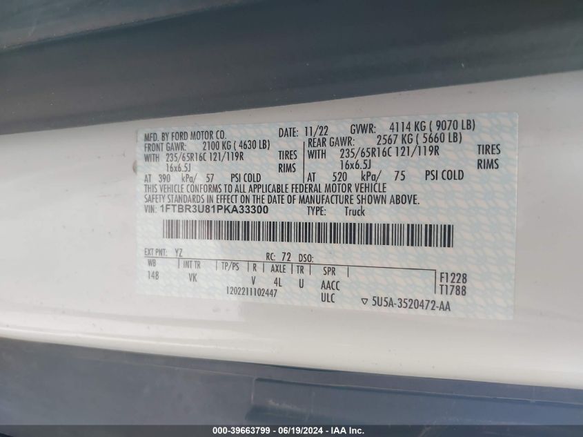 2023 Ford Transit T-250 VIN: 1FTBR3U81PKA33300 Lot: 39663799