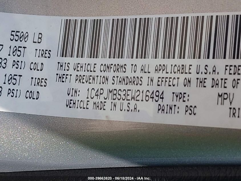 2014 Jeep Cherokee Trailhawk VIN: 1C4PJMBS3EW216494 Lot: 39663820