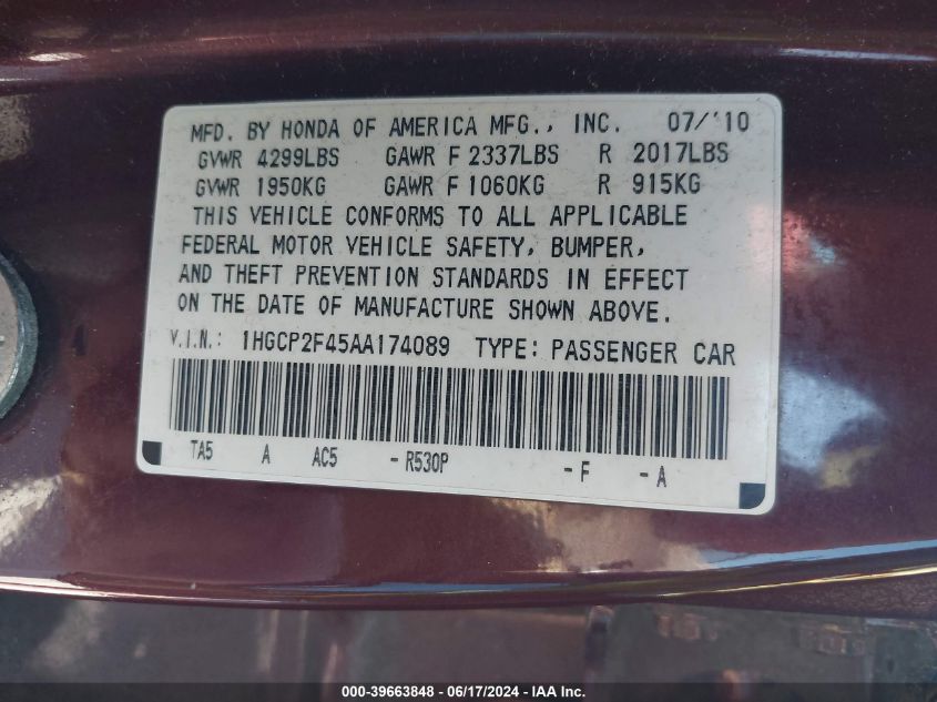 2010 Honda Accord 2.4 Lx-P VIN: 1HGCP2F45AA174089 Lot: 39663848