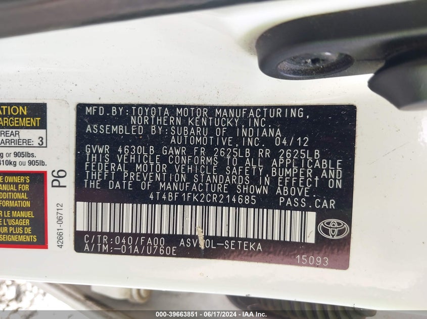 2012 Toyota Camry L VIN: 4T4BF1FK2CR214685 Lot: 39663851