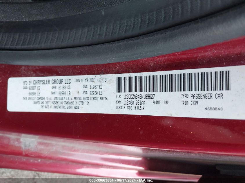 2014 Dodge Avenger Se VIN: 1C3CDZAB4EN189627 Lot: 39663854