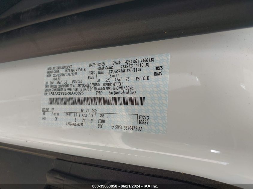2024 Ford Transit T-350 VIN: 1FBAX2Y86RKA43026 Lot: 39663858