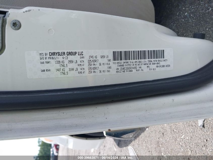 2013 Chrysler Town & Country Touring VIN: 2C4RC1BG0DR744952 Lot: 39663871