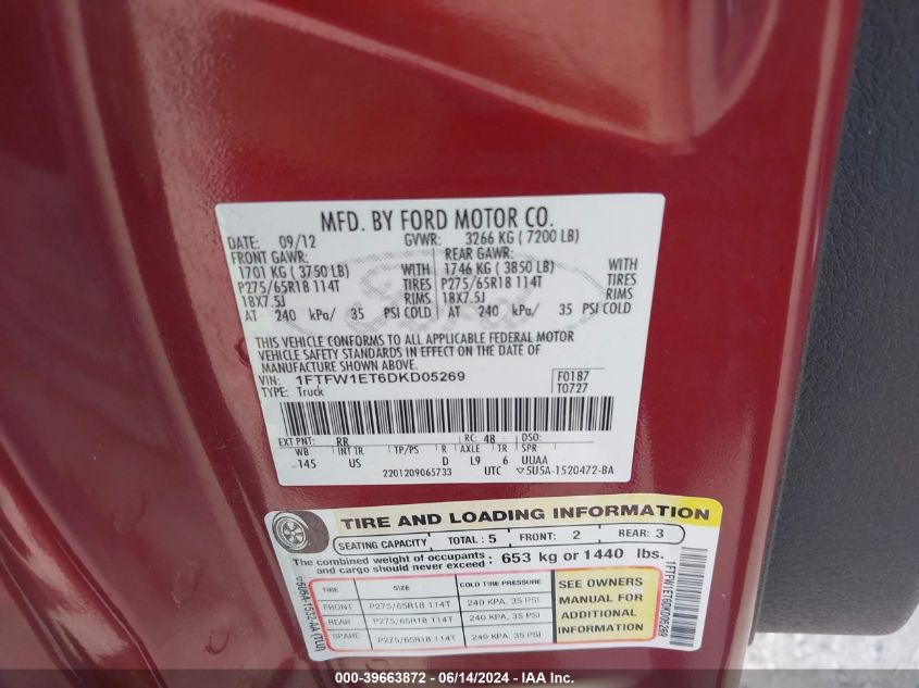 2013 Ford F-150 Xlt VIN: 1FTFW1ET6DKD05269 Lot: 39663872