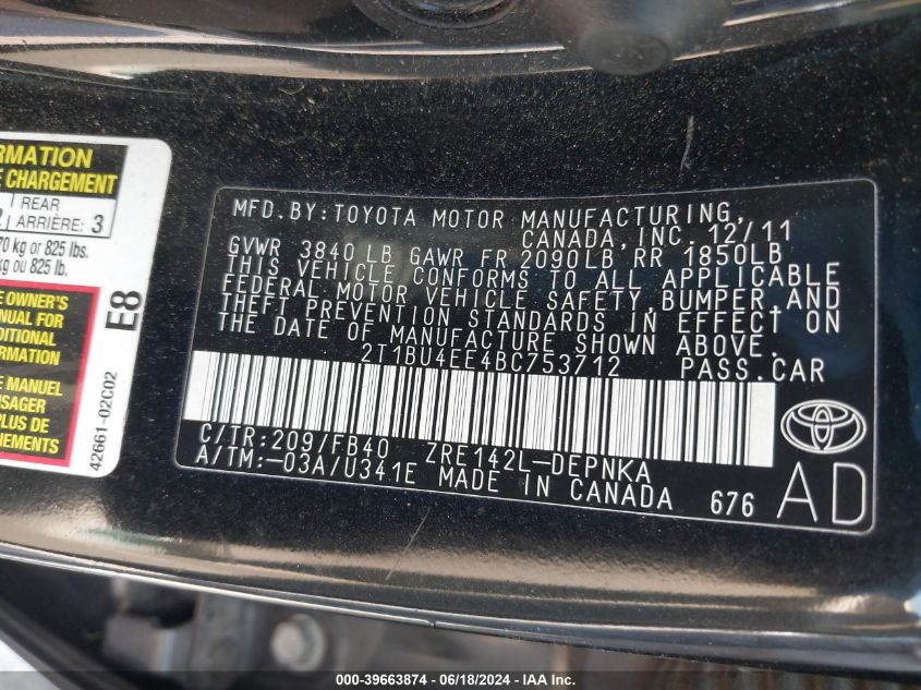 2011 Toyota Corolla Le VIN: 2T1BU4EE4BC753712 Lot: 39663874