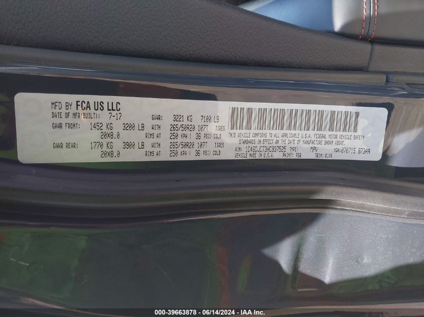 2017 Dodge Durango R/T Awd VIN: 1C4SDJCT3HC937525 Lot: 39663878